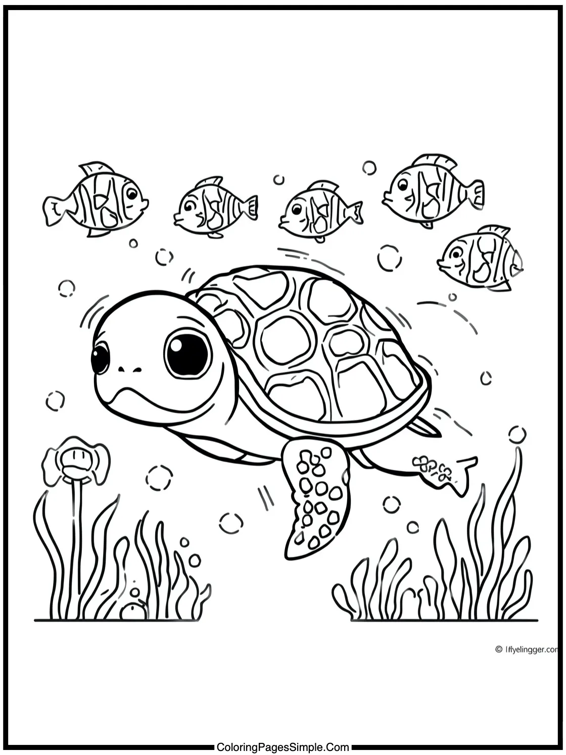 Kawaii Sea Turtle swimming with tiny fish.