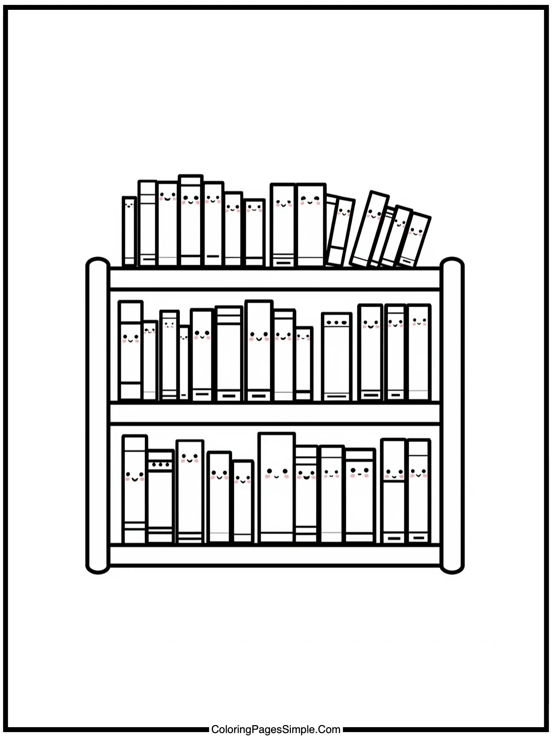 Kawaii bookshelf with smiling books.