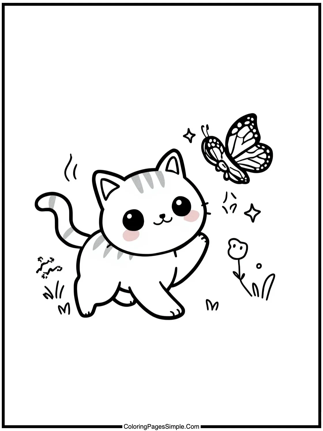 Kawaii cat chasing a sparkling butterfly.