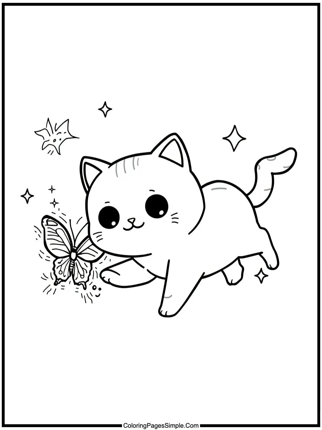 Kawaii cat chasing a sparkling butterfly.