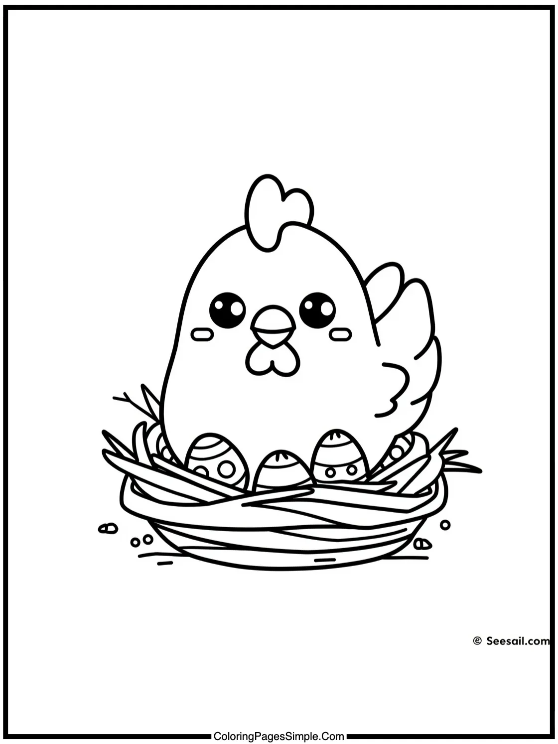 Kawaii hen nesting tiny colorful eggs.