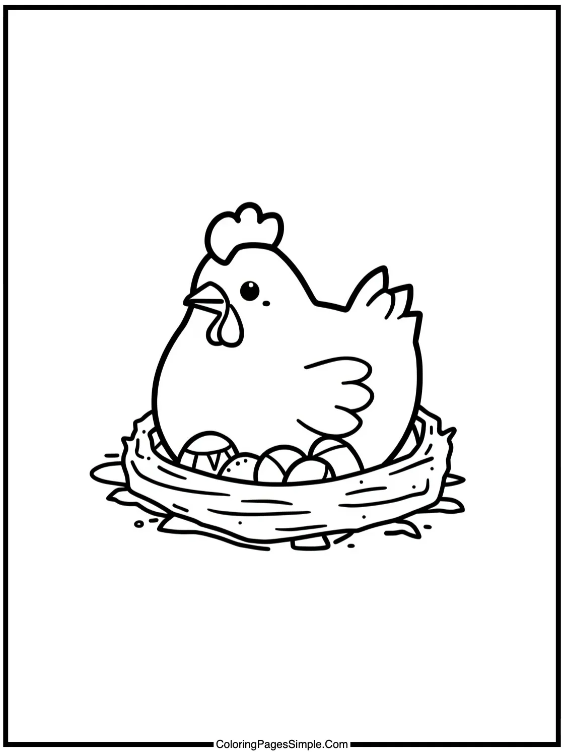 Kawaii hen nesting tiny colorful eggs.