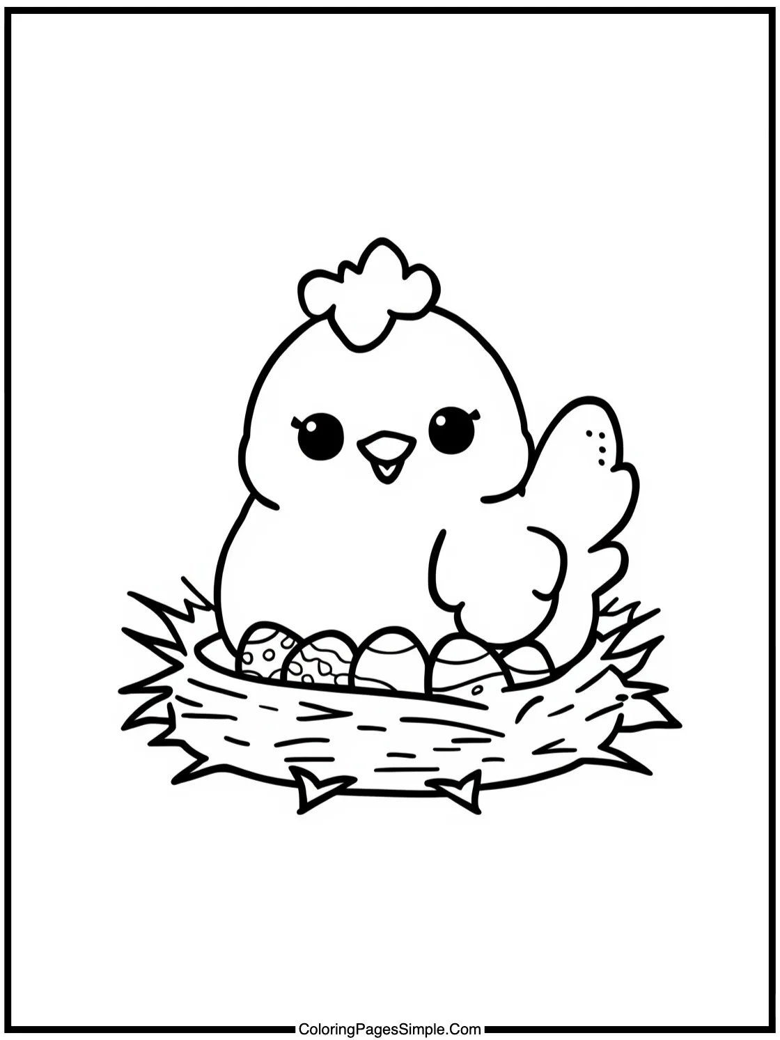 Kawaii hen nesting tiny colorful eggs.