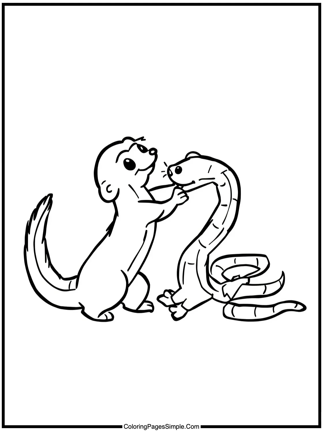 Kawaii mongoose fighting a snake playfully.