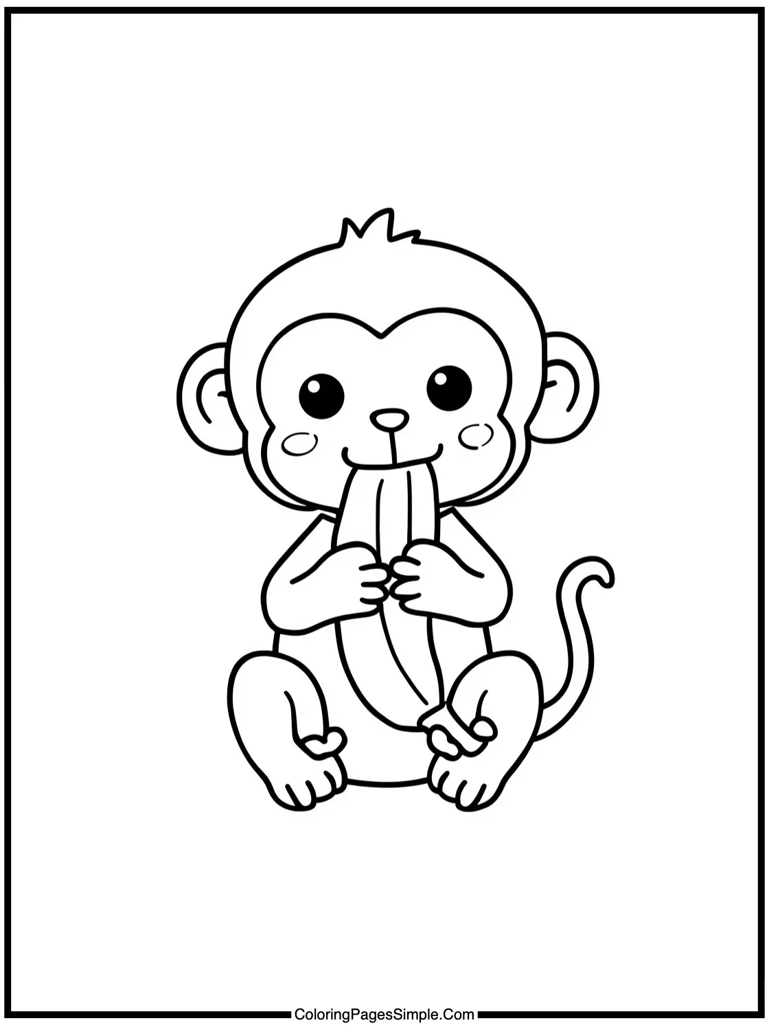 Kawaii monkey eating a banana happily.