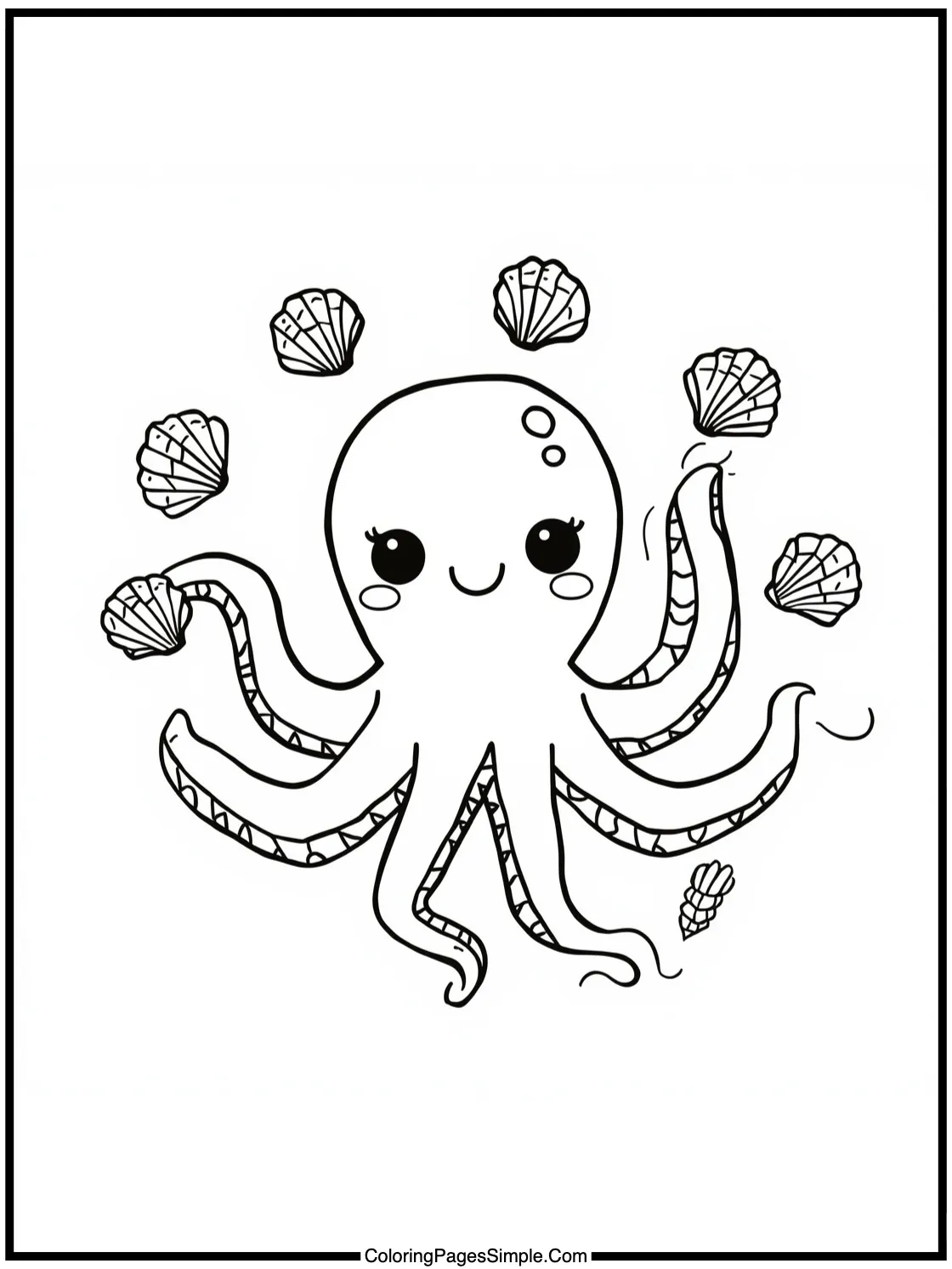 Kawaii octopus juggling tiny seashells.
