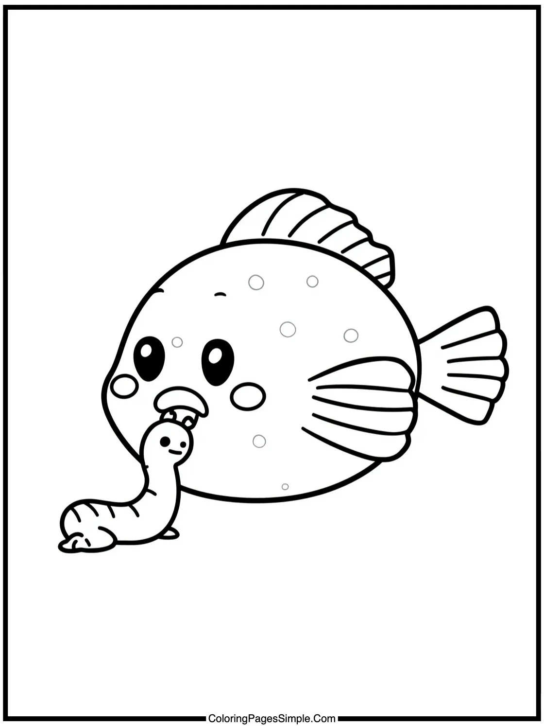 Kawaii pufferfish eating a small worm.
