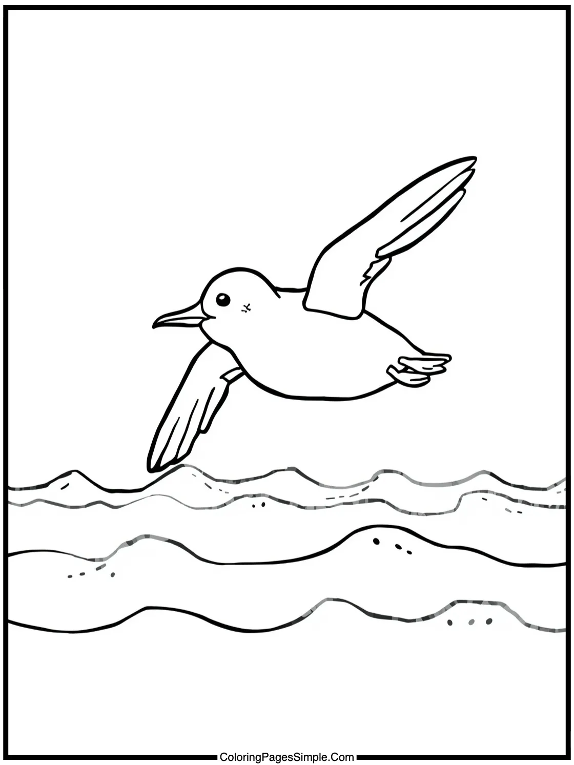 Little Albatross flying over blue waves.