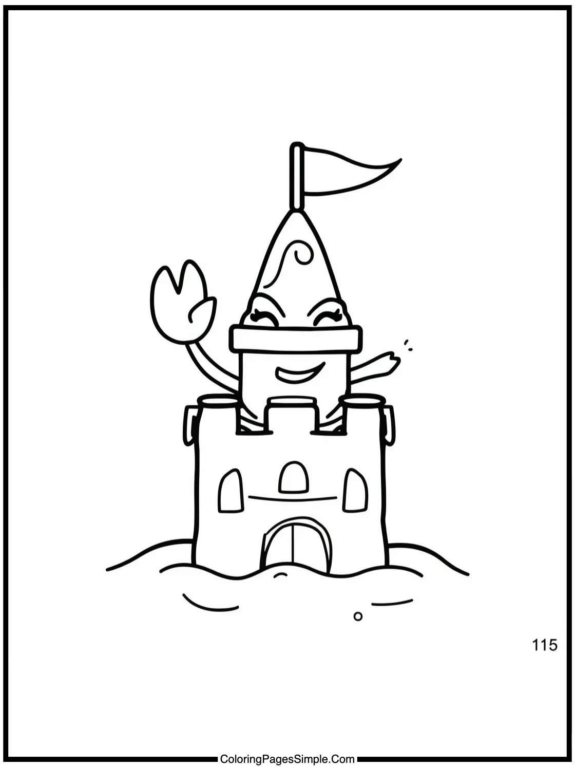 Little Crab waving from a sandcastle tower.