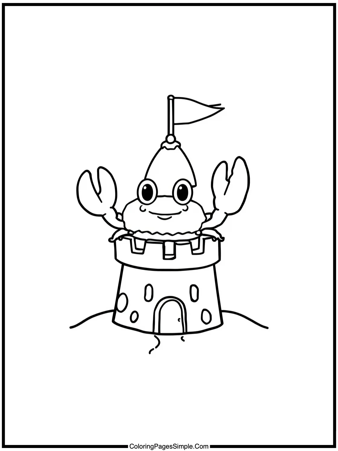 Little Crab waving from a sandcastle tower.