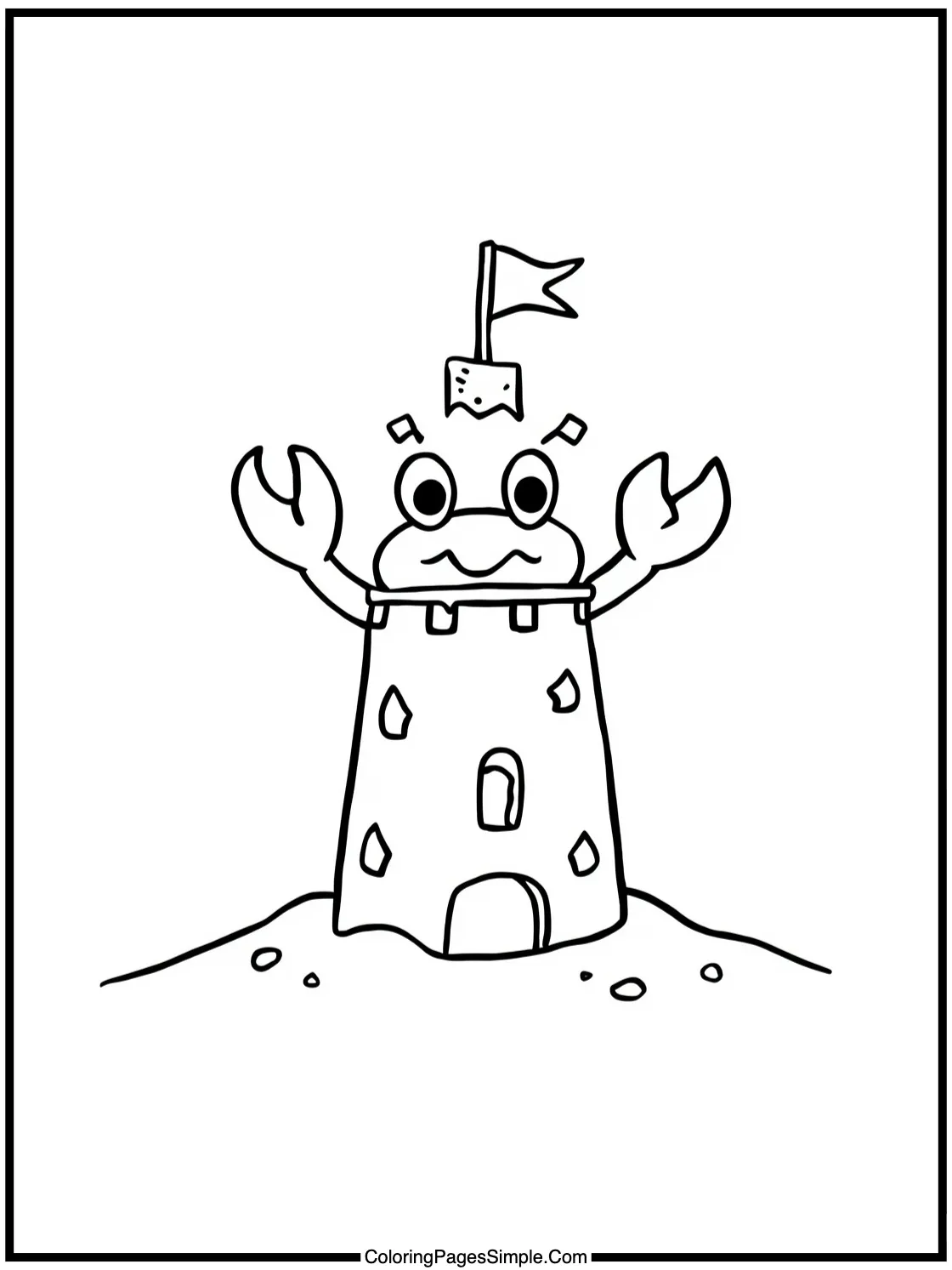 Little Crab waving from a sandcastle tower.
