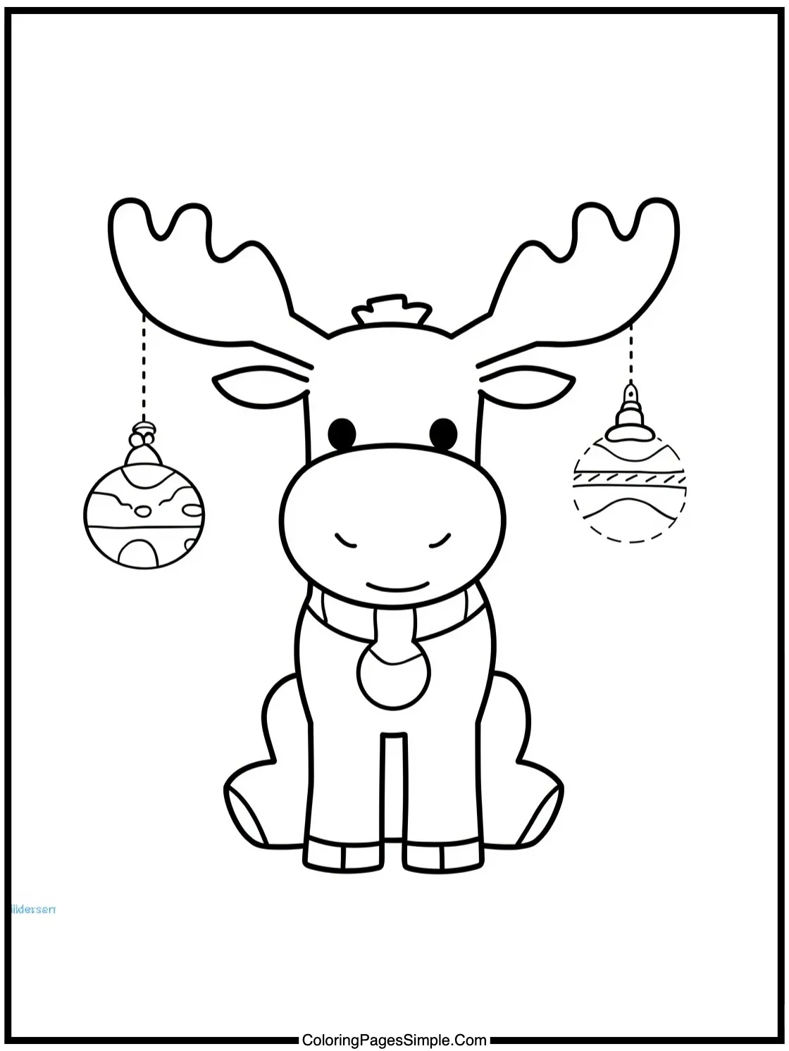 Little Moose wearing Christmas ornaments.