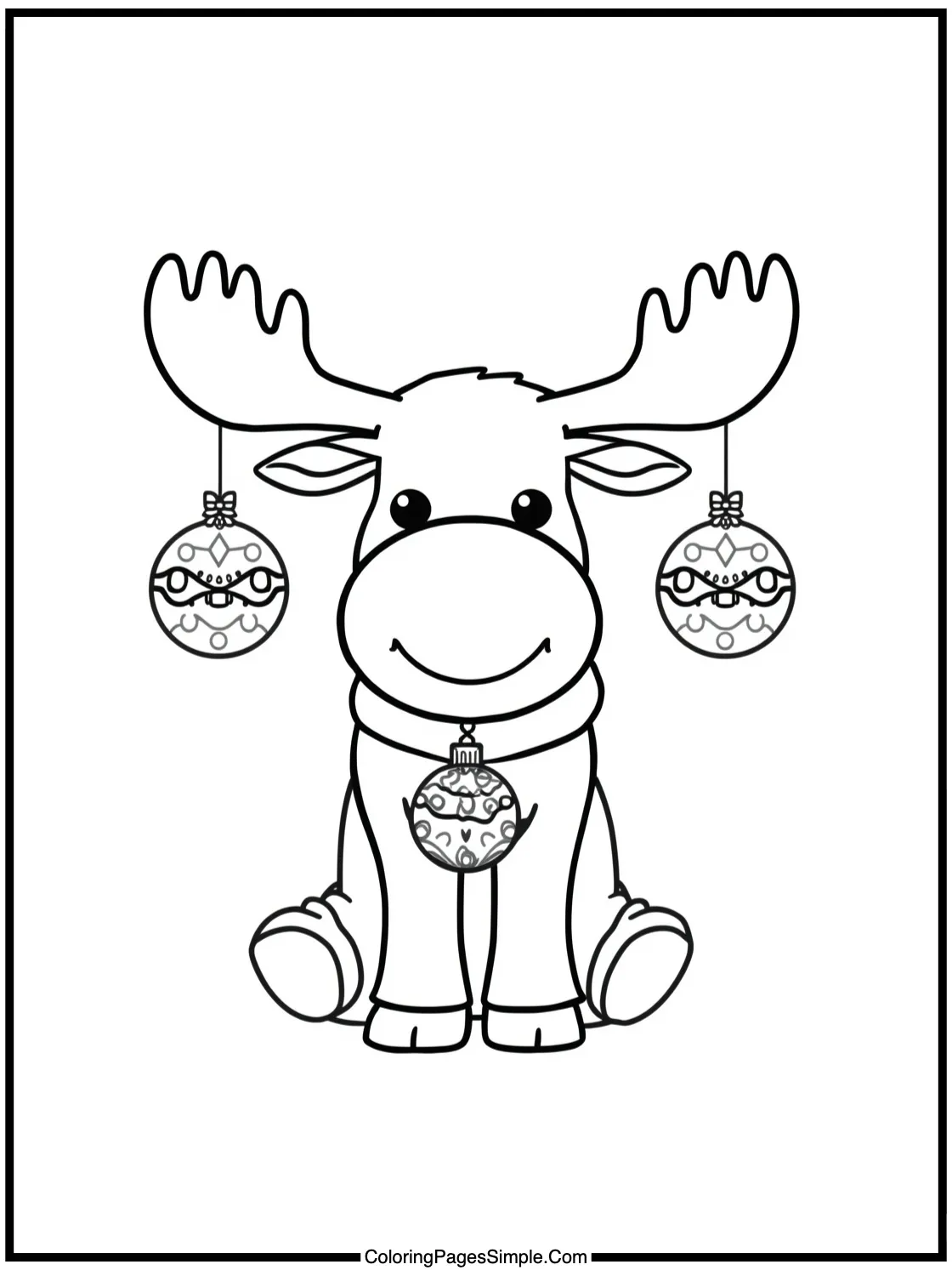 Little Moose wearing Christmas ornaments.