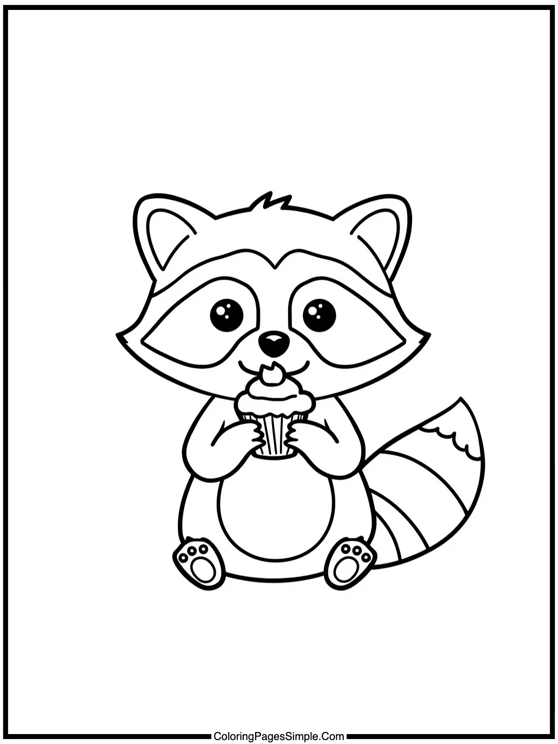 Little Raccoon eating tiny cupcakes happily.