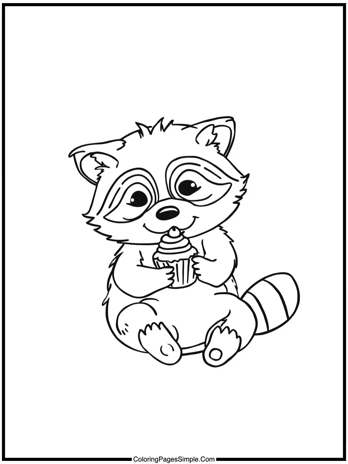 Little Raccoon eating tiny cupcakes happily.