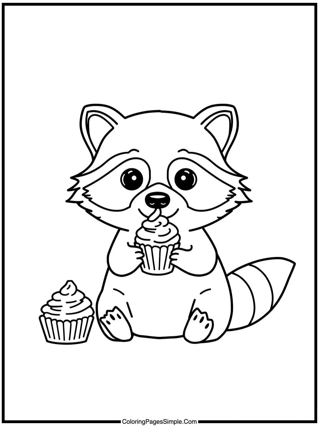 Little Raccoon eating tiny cupcakes happily.