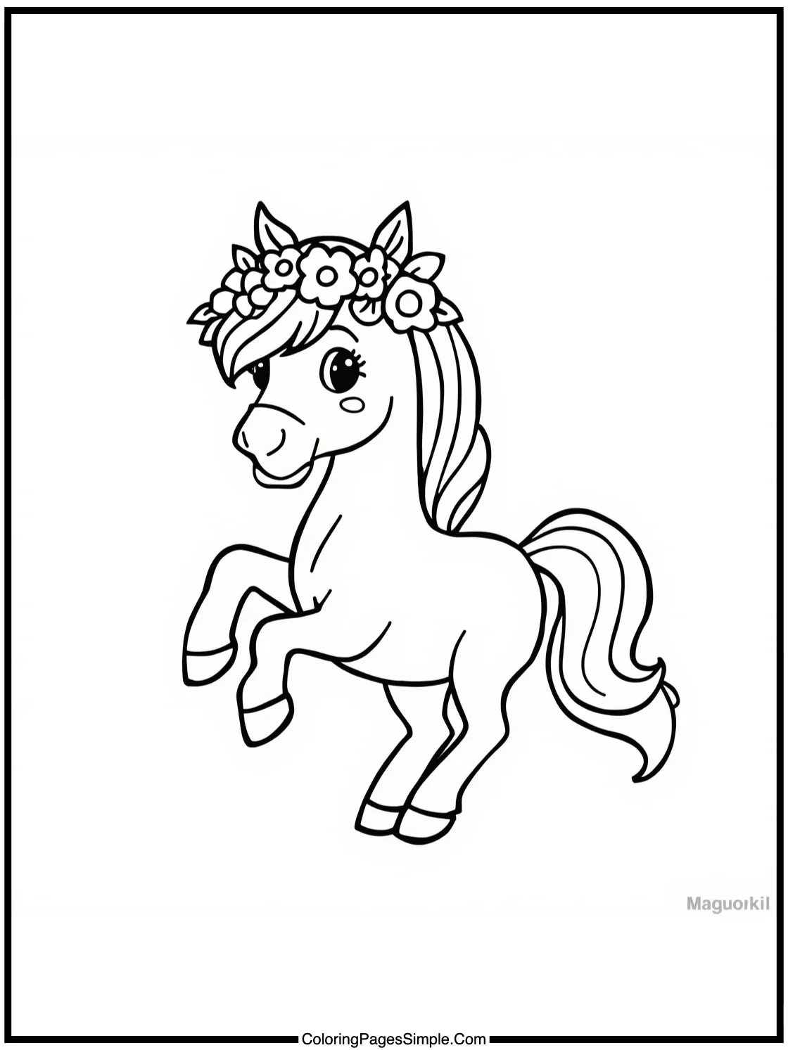Little horse wearing flower crown dancing.