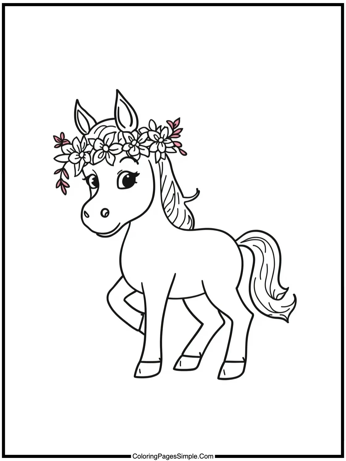 Little horse wearing flower crown dancing.
