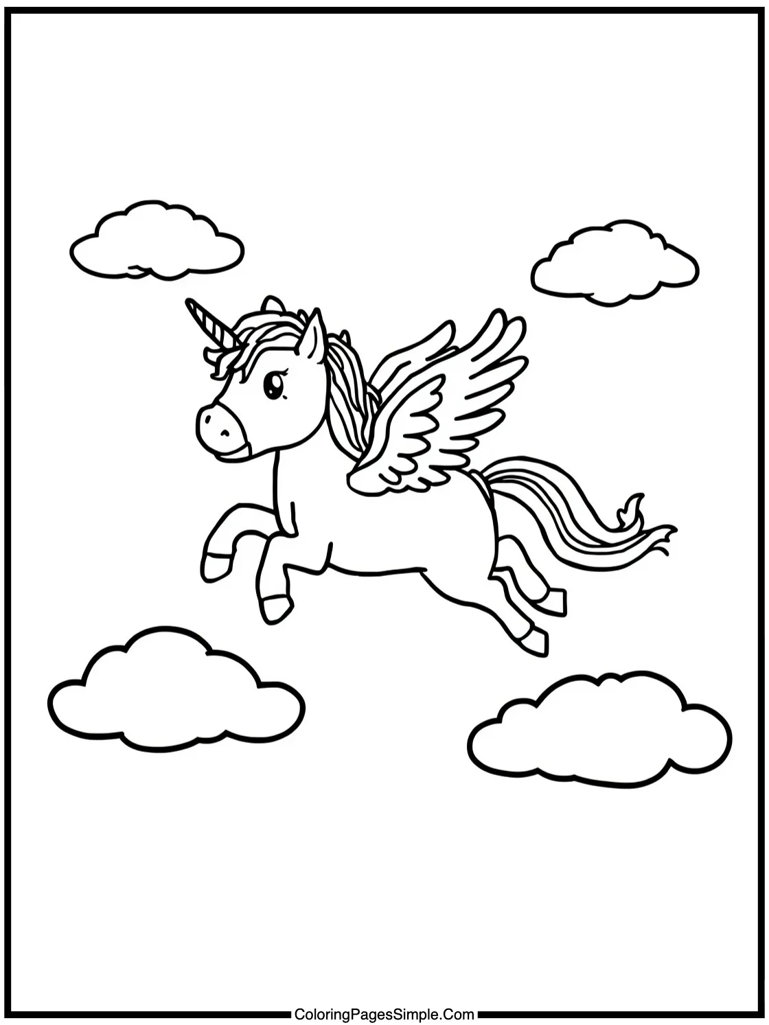 Magical pegasus flying over cotton candy clouds.