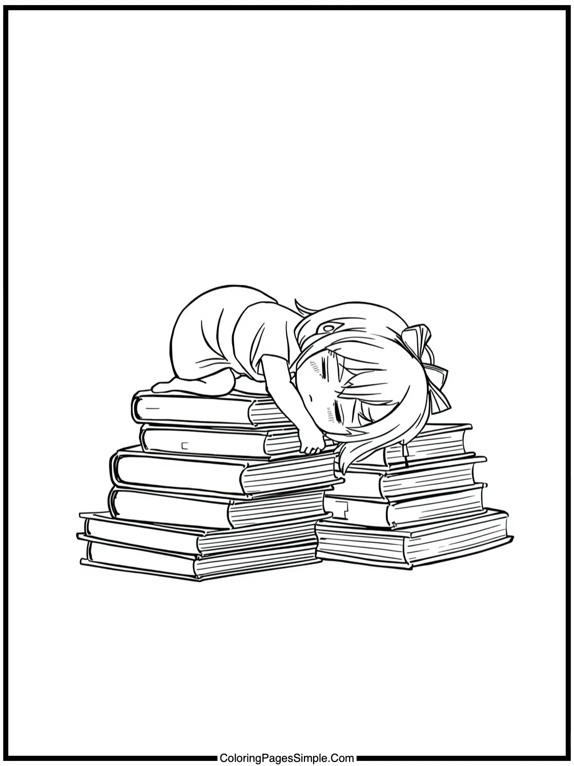 Manga girl sleeping on pile of books.