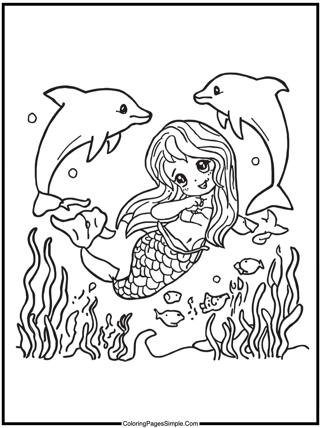 Mermaid Coloring Page playing with dolphins