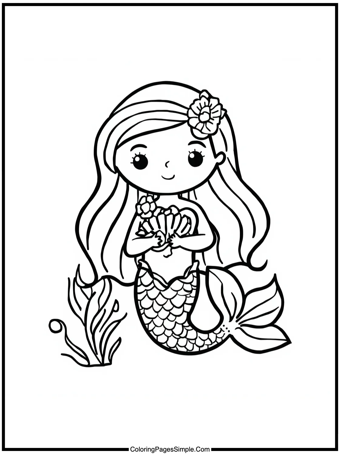 Mermaid Coloring Page holding a shell