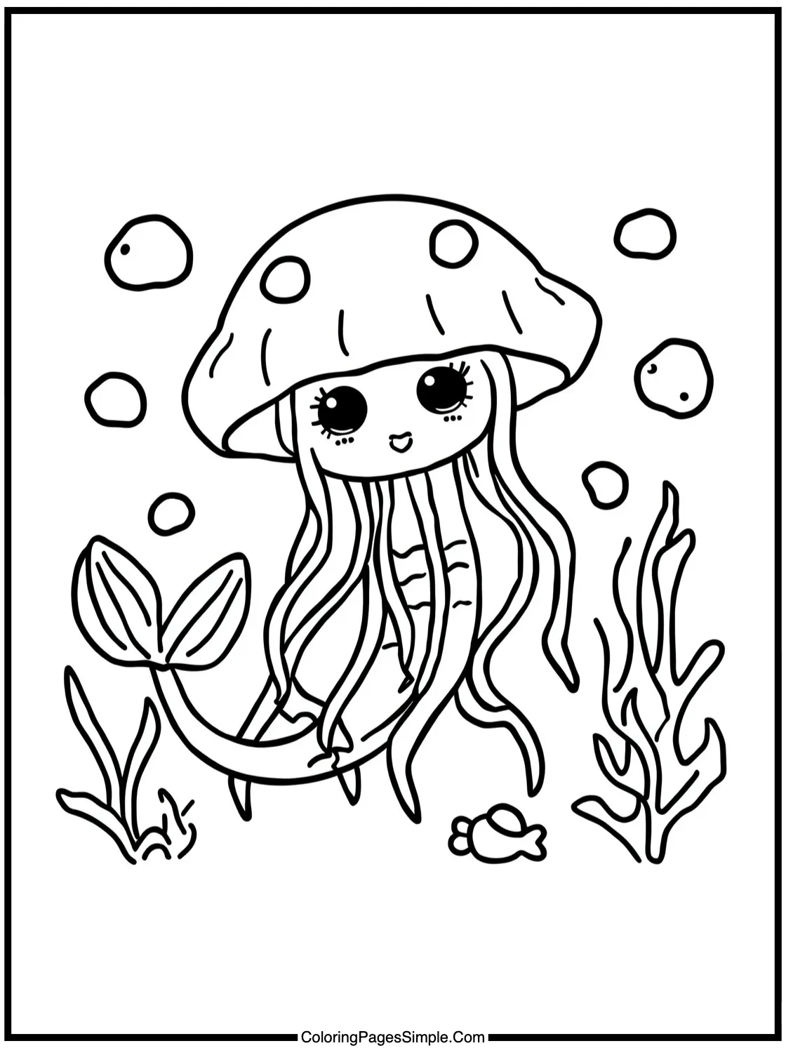 Mermaid Coloring Page admiring a jellyfish