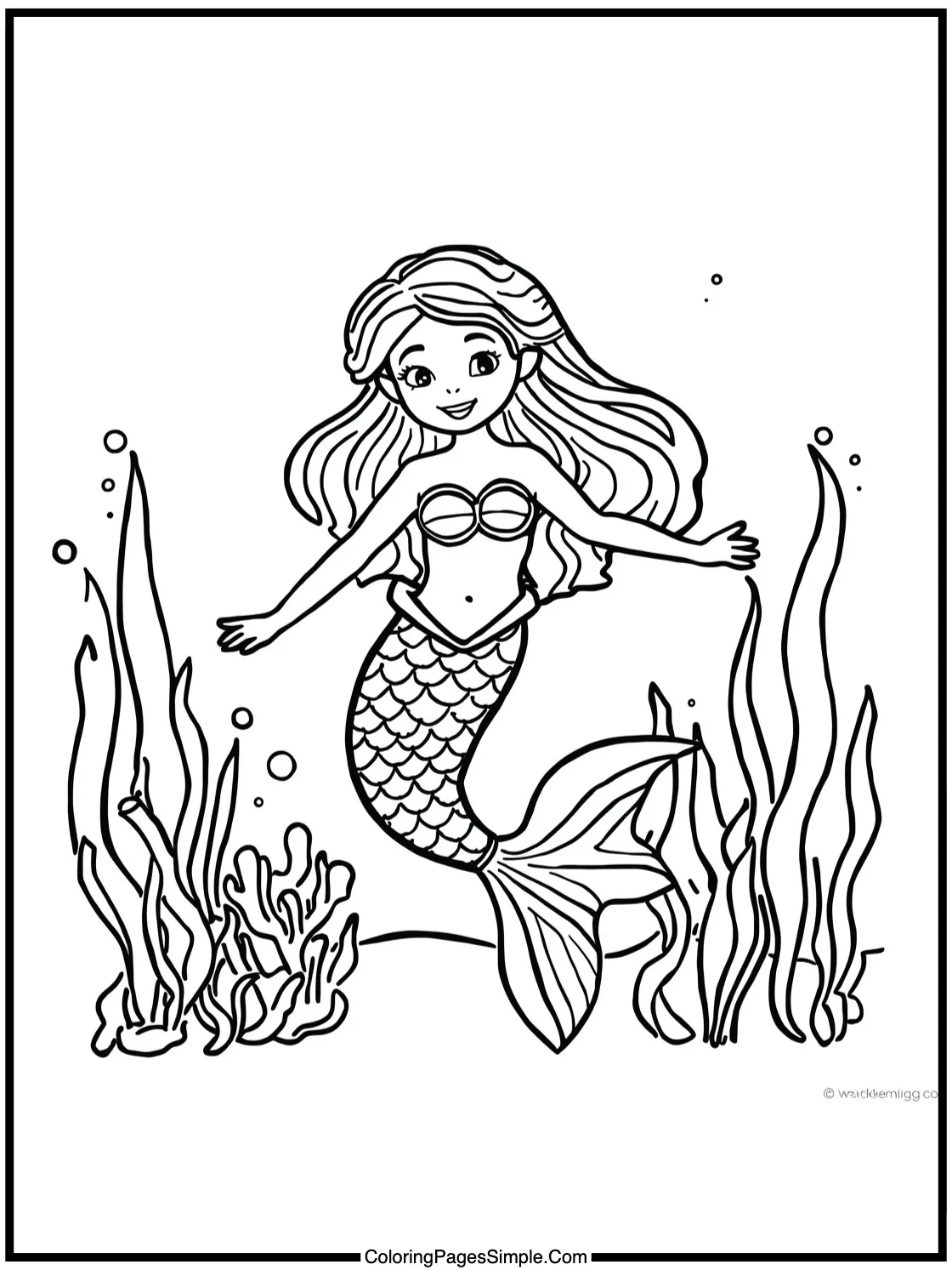 Mermaid Coloring Page dancing with seaweed