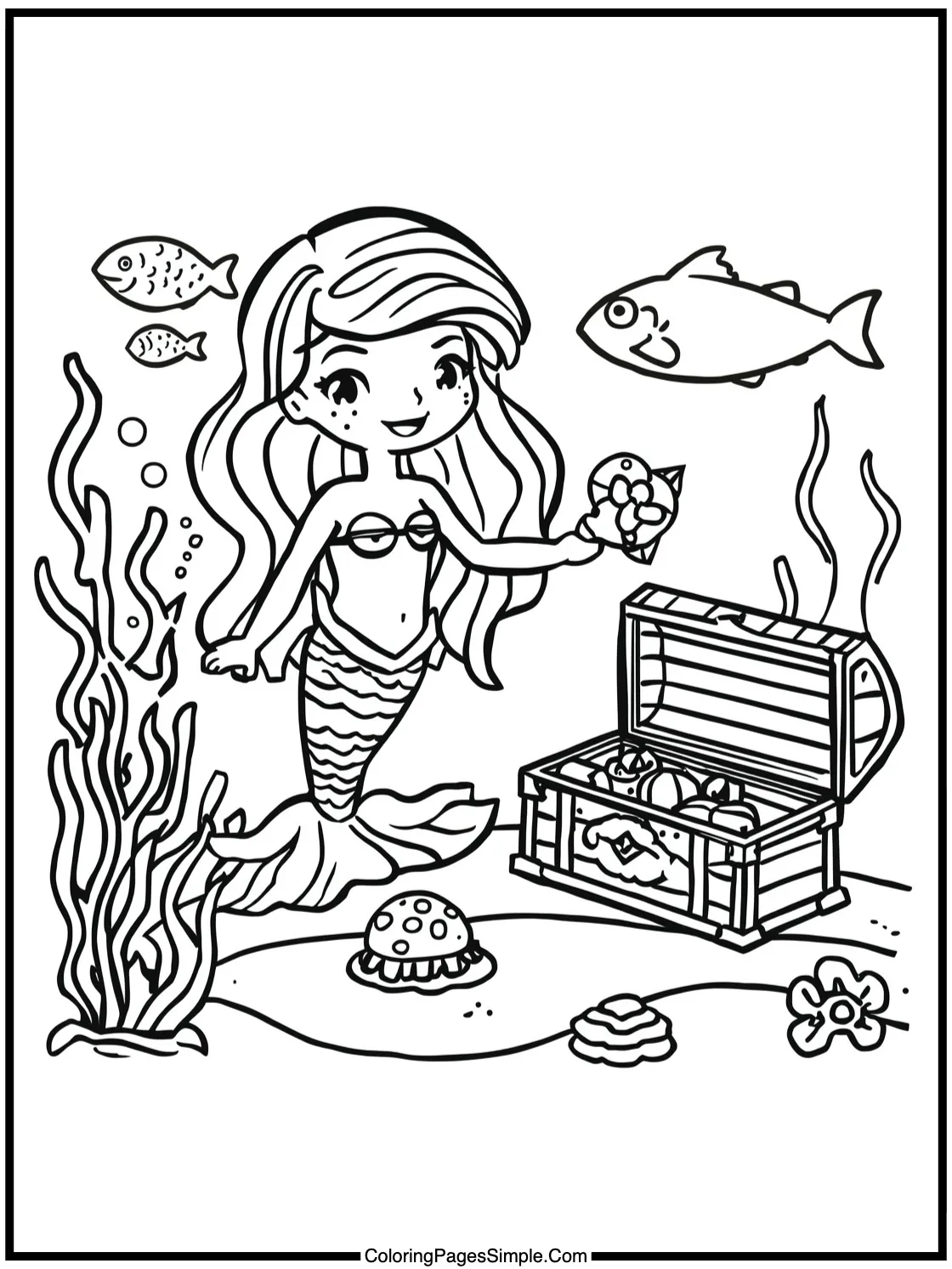 Mermaid Coloring Page discovering sunken treasure