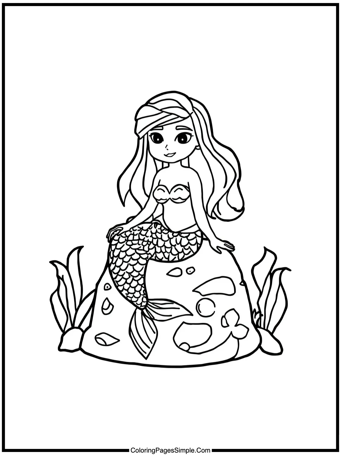 Mermaid Coloring Page on a rock