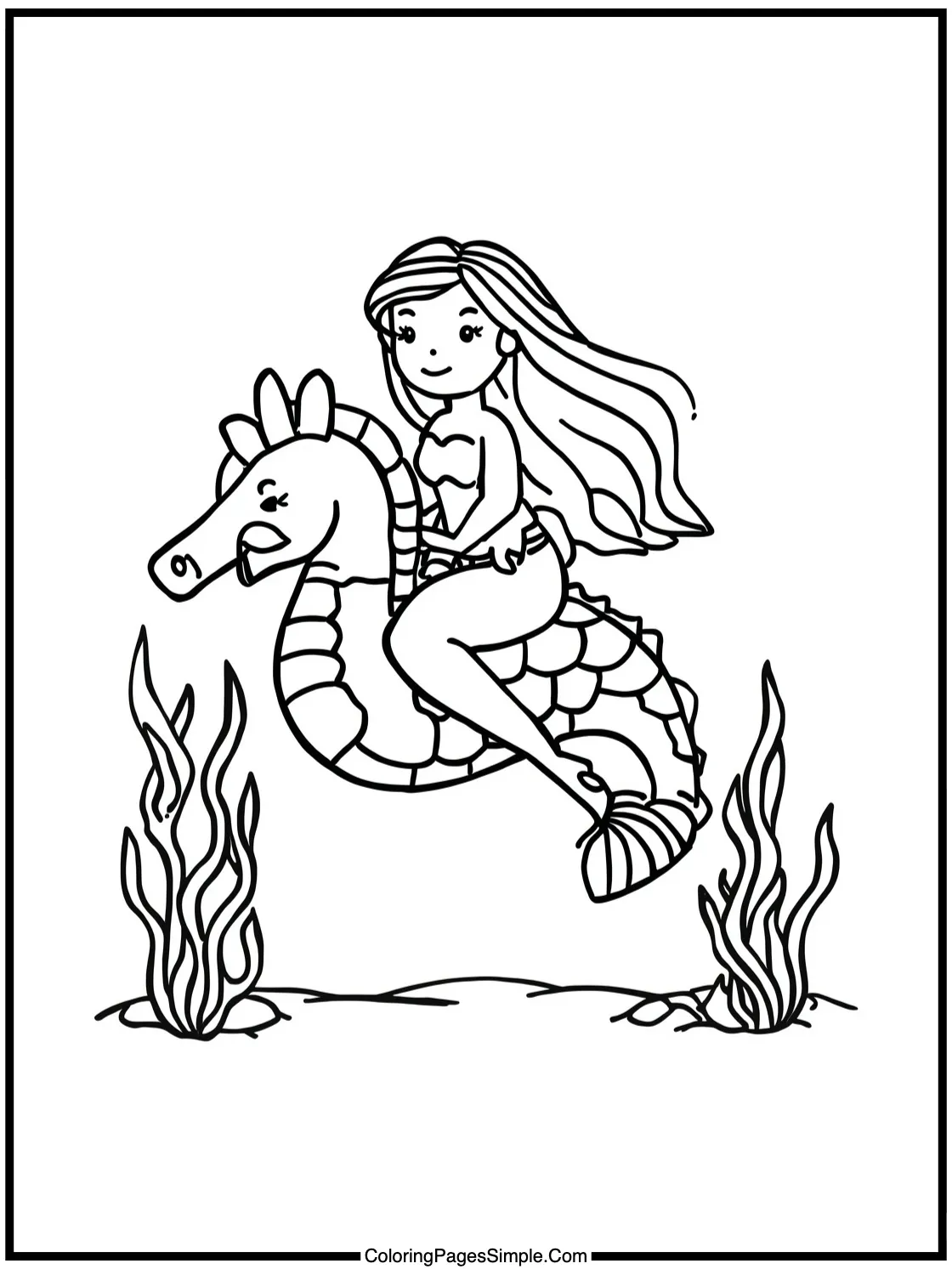 Mermaid Coloring Page riding a seahorse