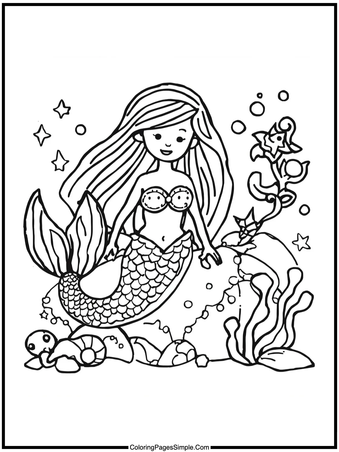 Mermaid Coloring Page collecting shiny pearls