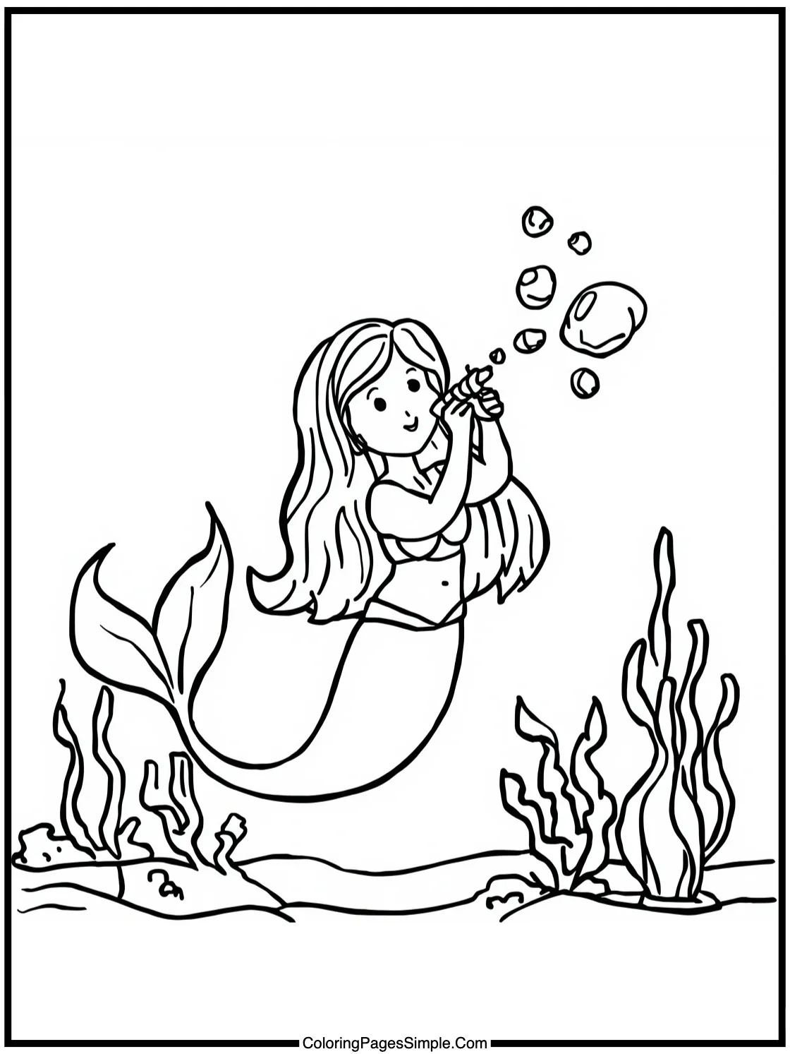 Mermaid Coloring Page blowing ocean bubbles