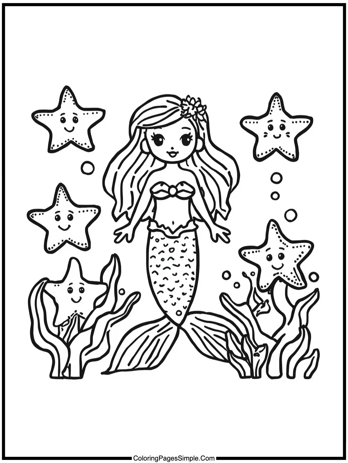 Mermaid Coloring Page with starfish friends