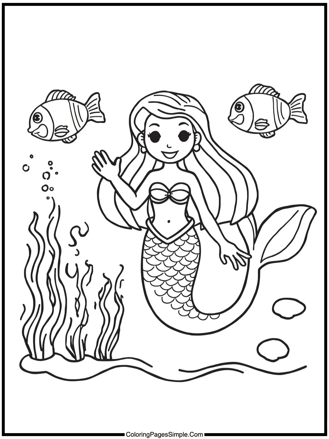 Mermaid Coloring Page waving to fish