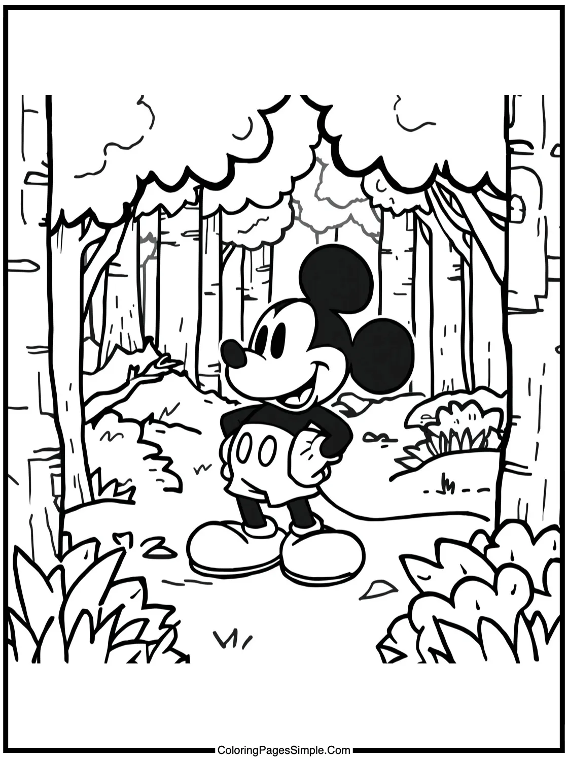 Mickey Mouse Coloring Page exploring a forest
