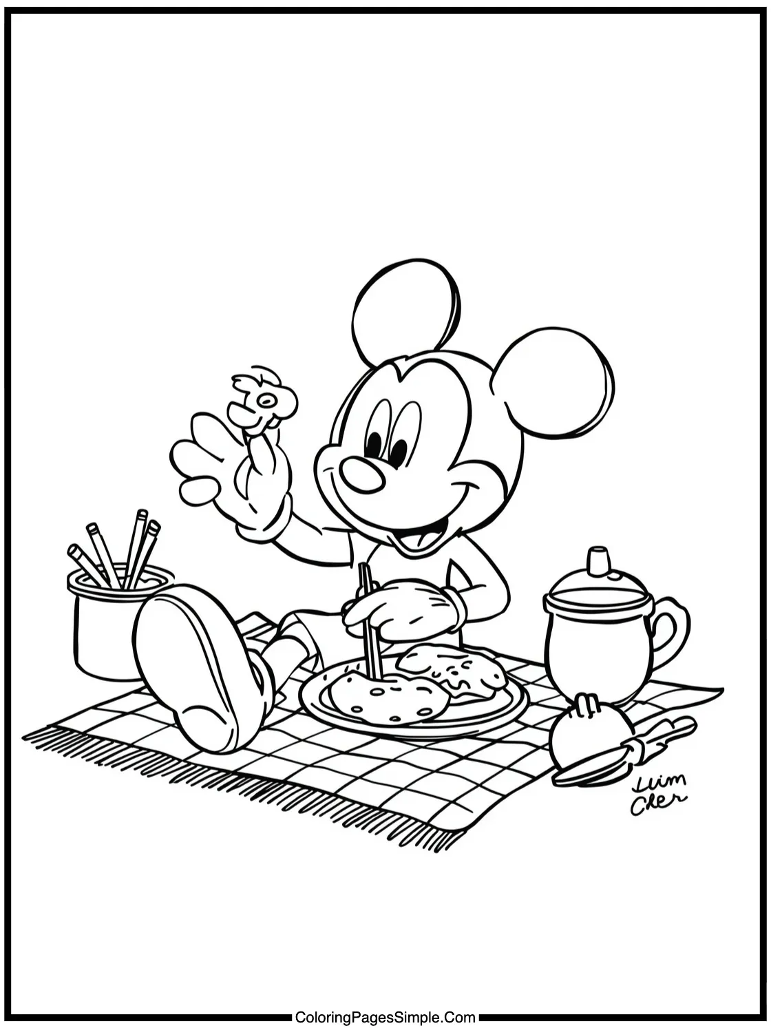 Mickey Mouse Coloring Page enjoying a picnic