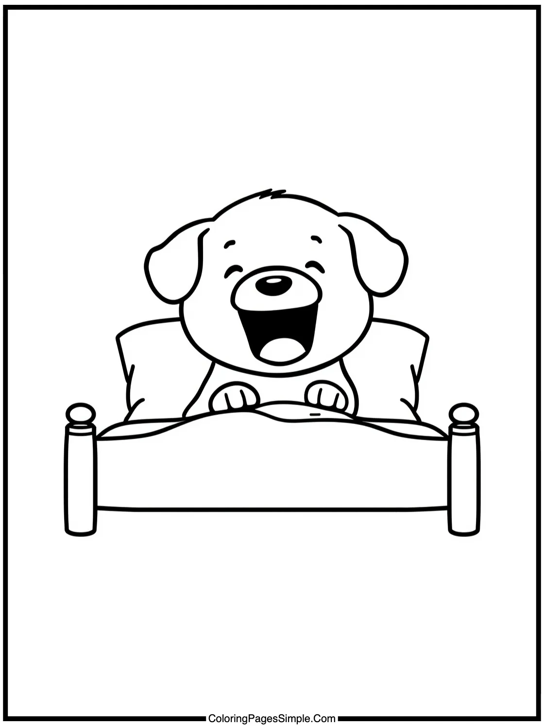 Puppy yawning widely in a tiny bed.