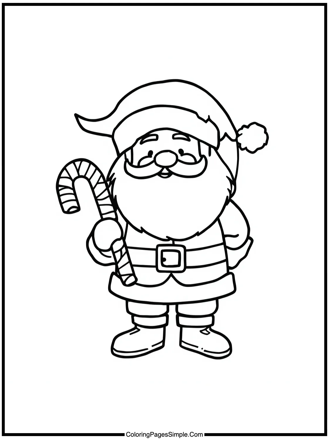 Santa Coloring Page holding a candy cane.