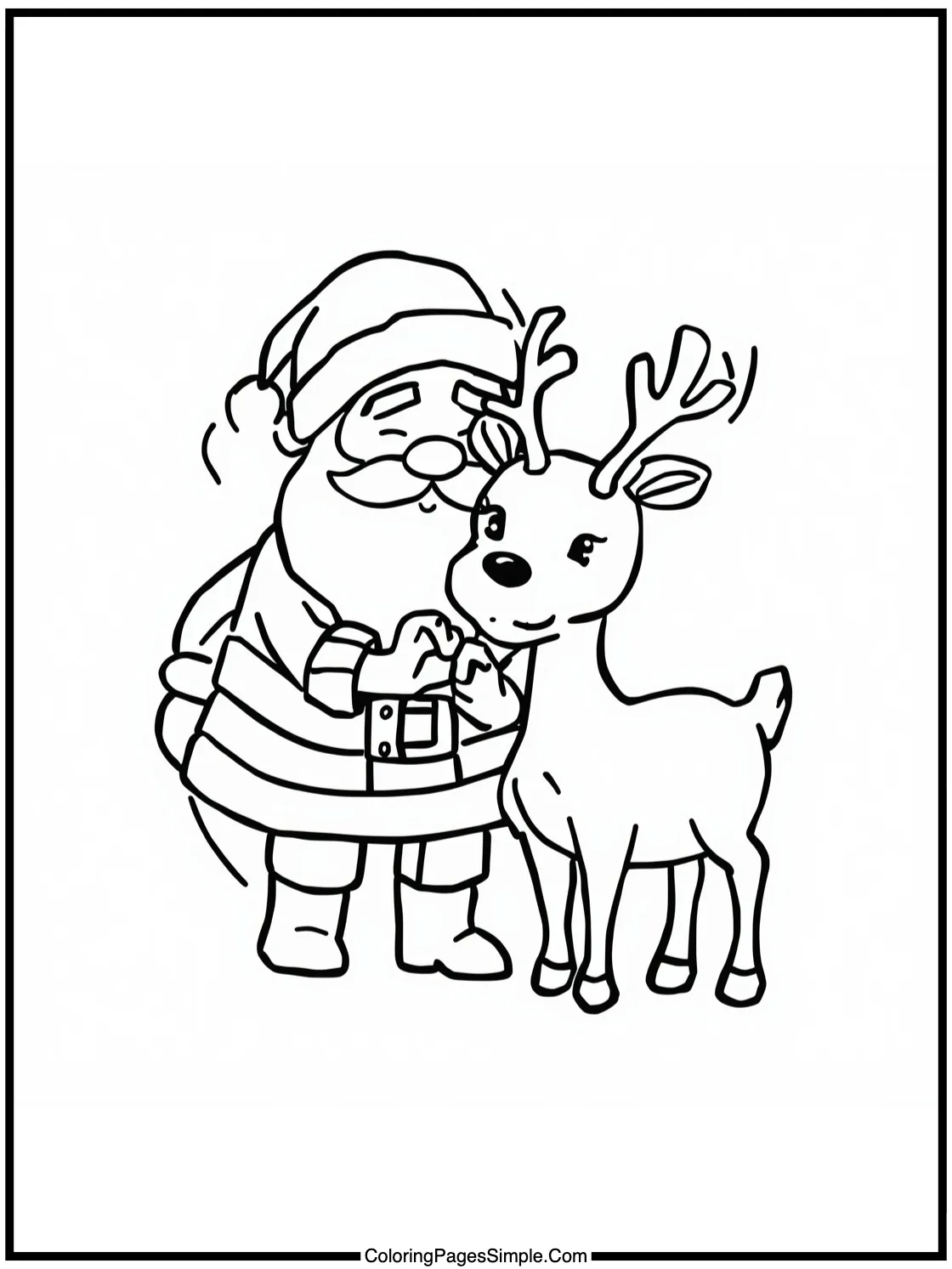 Santa Coloring Page petting a friendly reindeer.