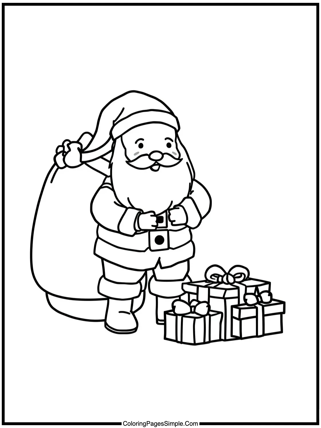 Santa Coloring Page packing his gift bag.