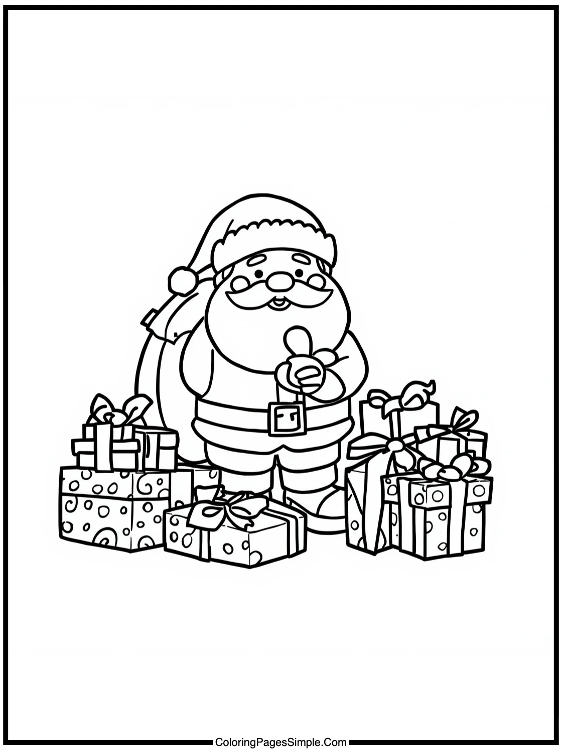 Santa Coloring Page surrounded by new toys.