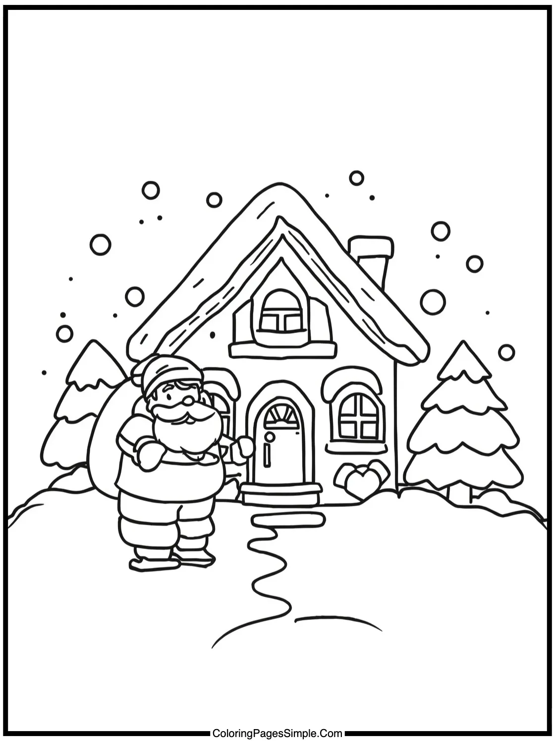 Santa Coloring Page visiting a snowy house.