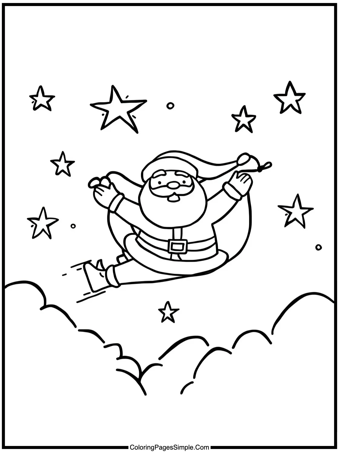 Santa Coloring Page soaring through sky.