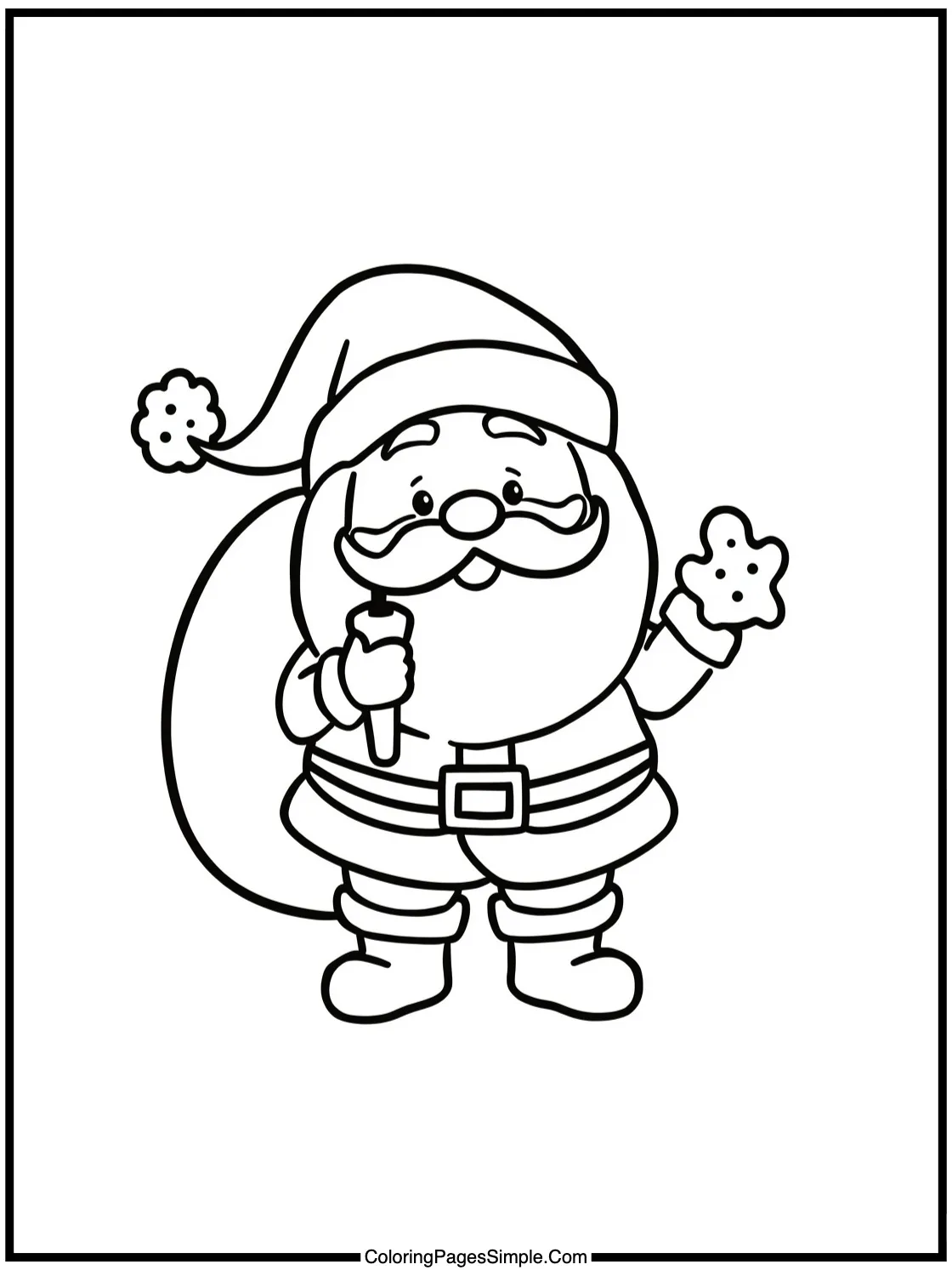 Santa Coloring Page enjoying milk cookies.
