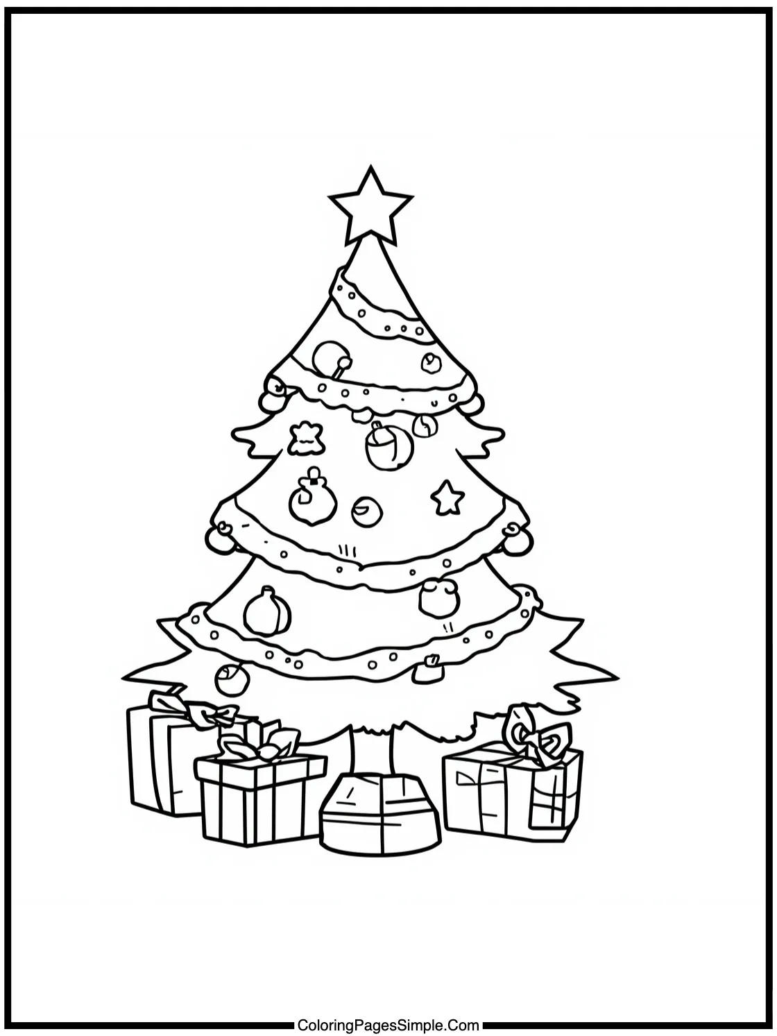 Santa Coloring Page decorating a festive tree.