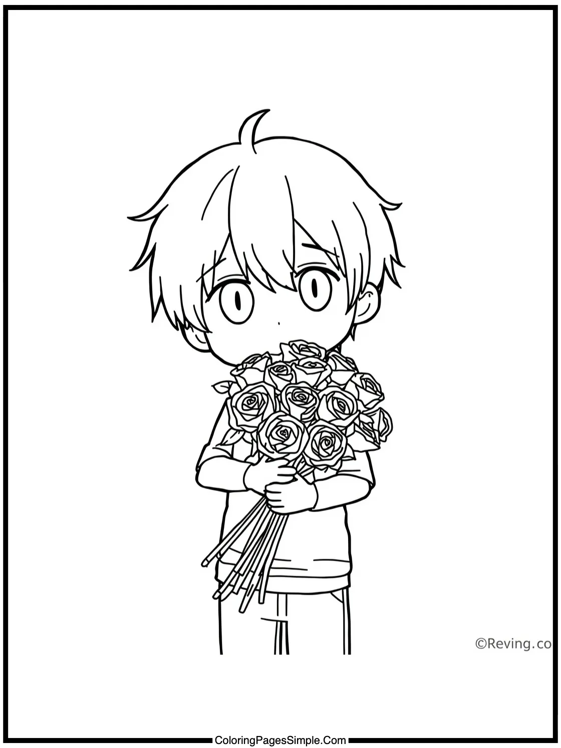 Shy Anime Boy Holding a Bouquet of Roses.