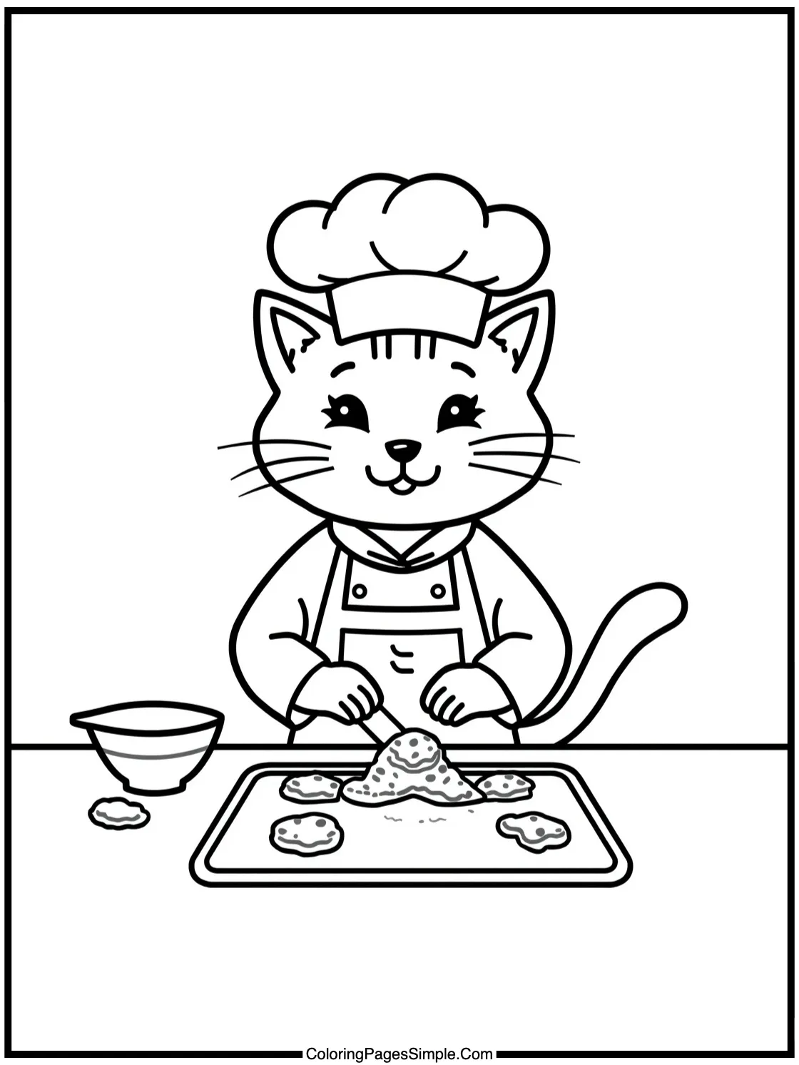 Smiling cat chef baking sweet cookies.