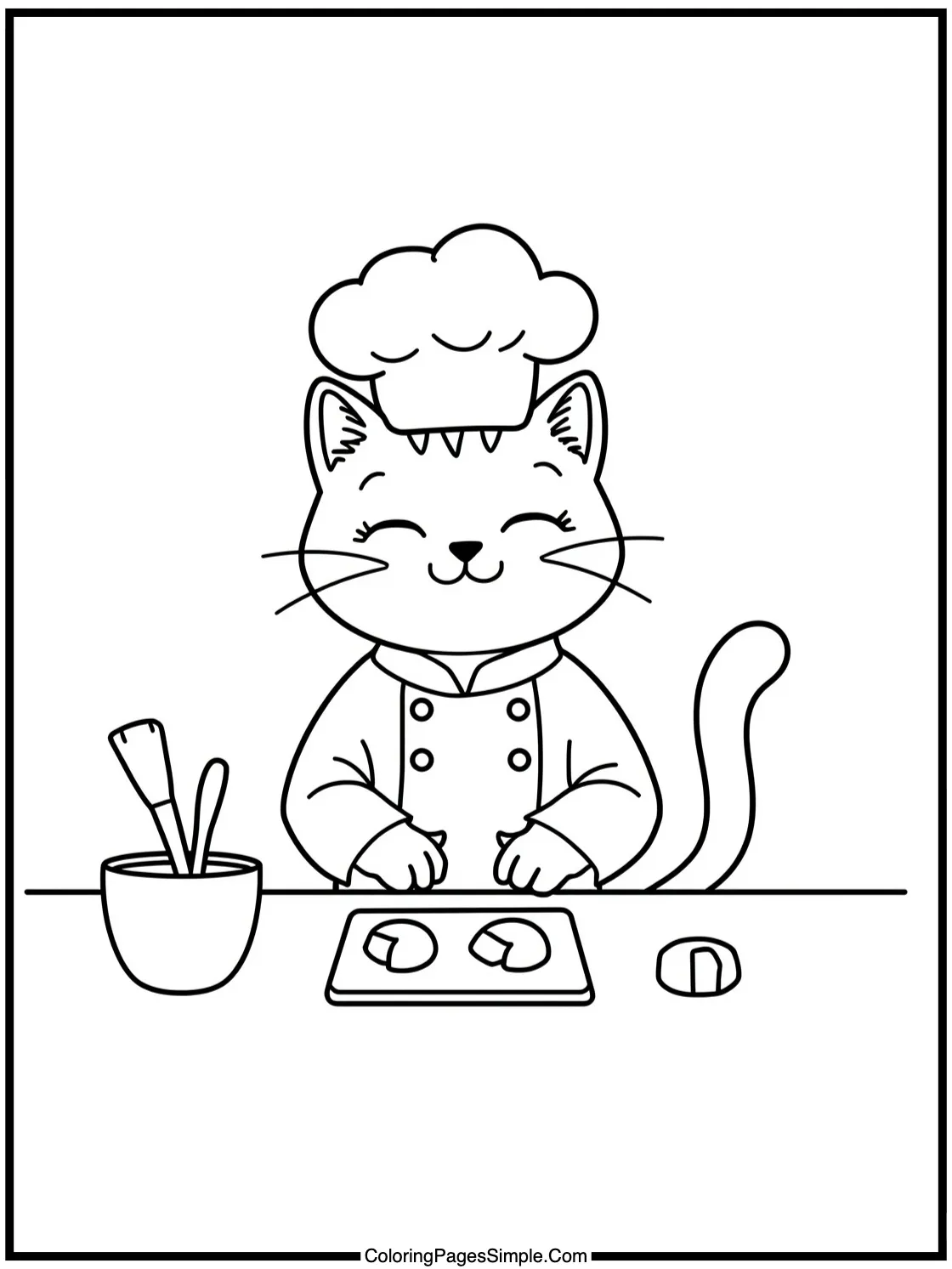 Smiling cat chef baking sweet cookies.