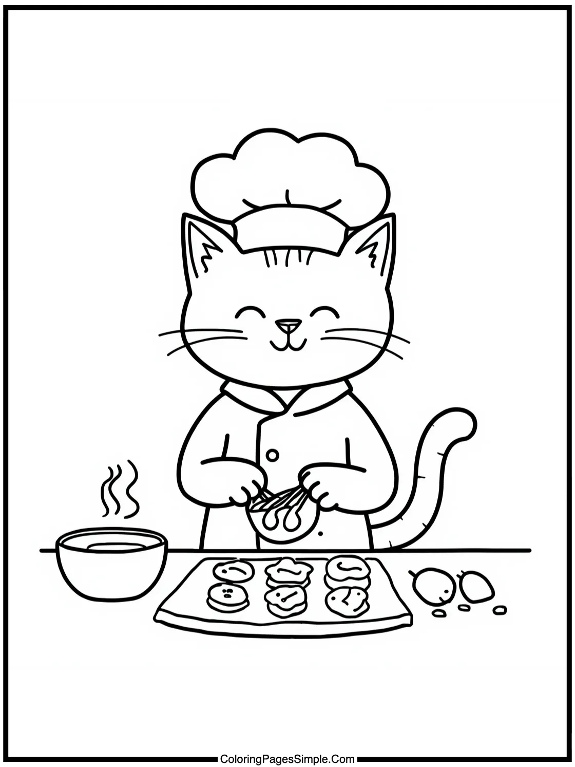 Smiling cat chef baking sweet cookies.